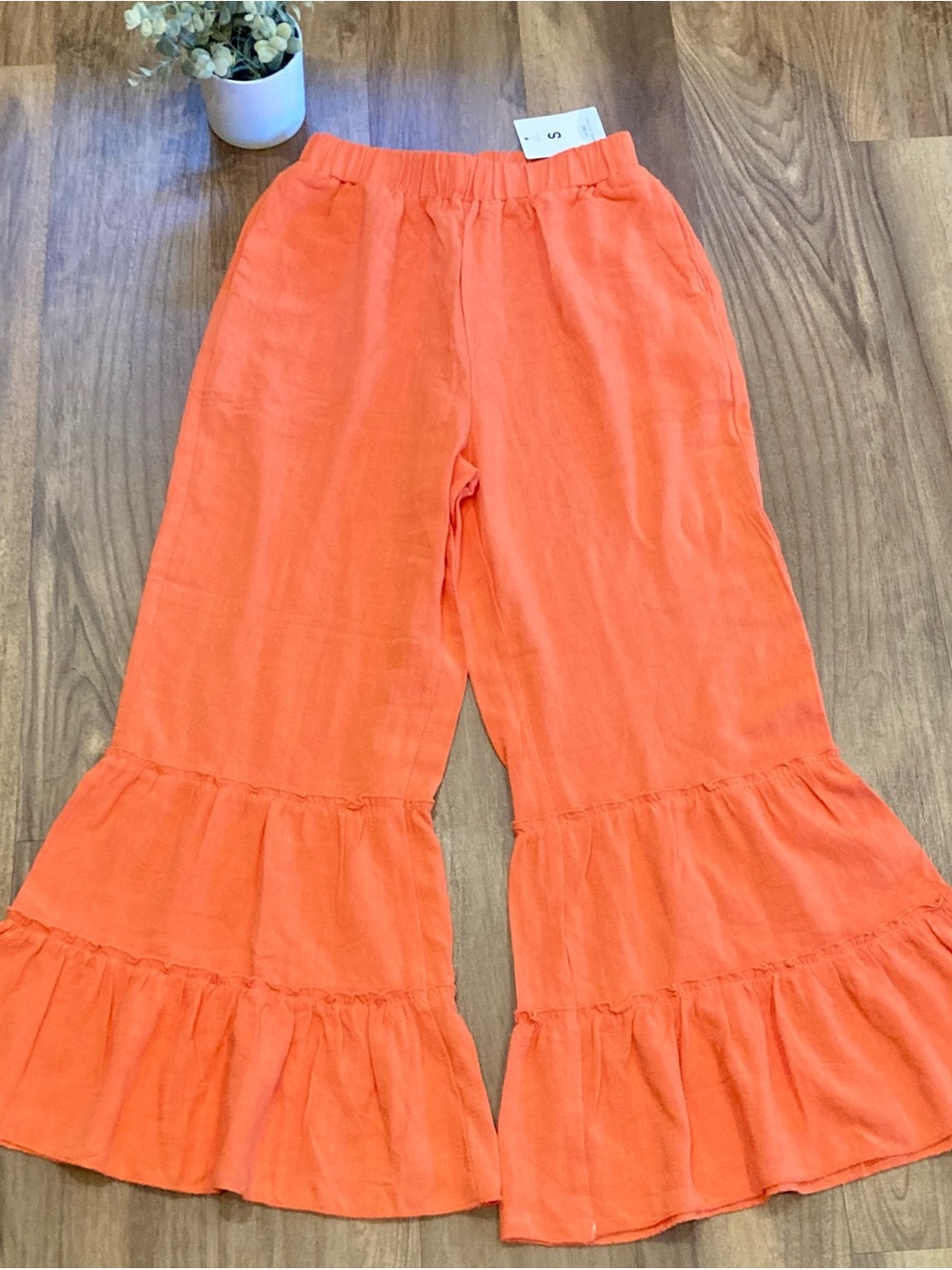 Women's Vibrant Orange Cotton Linen Wide Leg Ruffle Hem Pants